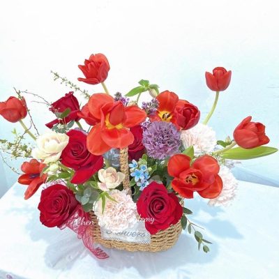 Red Tulips & Roses Basket (Pre-Order)