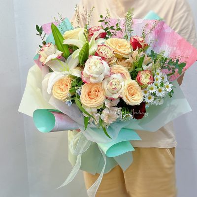 White Lily & Mix Colors Roses Bouquet