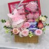New Born Flower basket gift consist of plush toy, romper set, wet tissue, baby cap & flowers