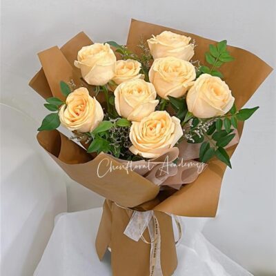 Champagne roses bouquet in brown wrapping, Kuching delivery, birthday flower for friend